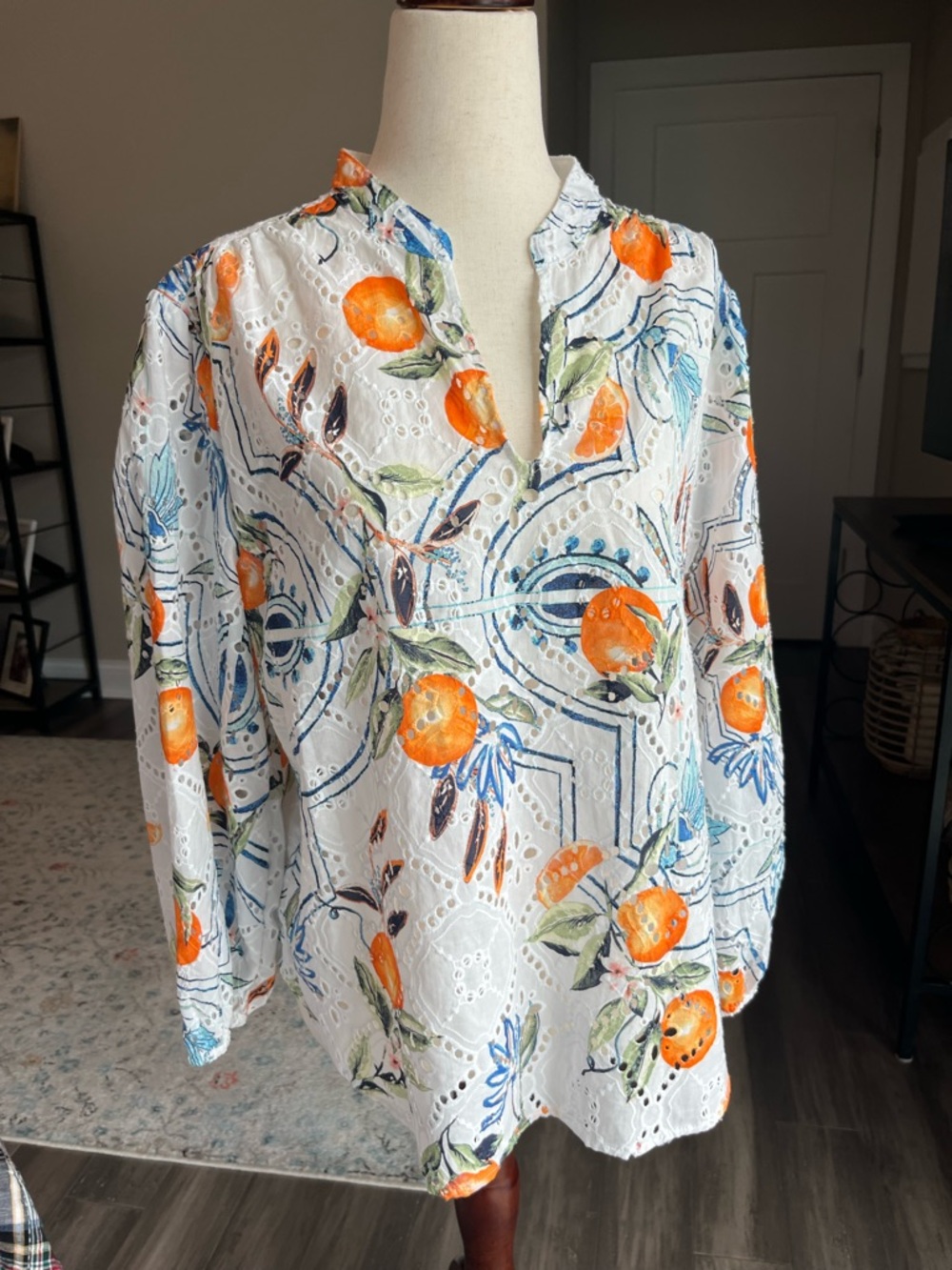 Chico's White Cottagecore  Summer Eyelet Tunic with  Botanical Print